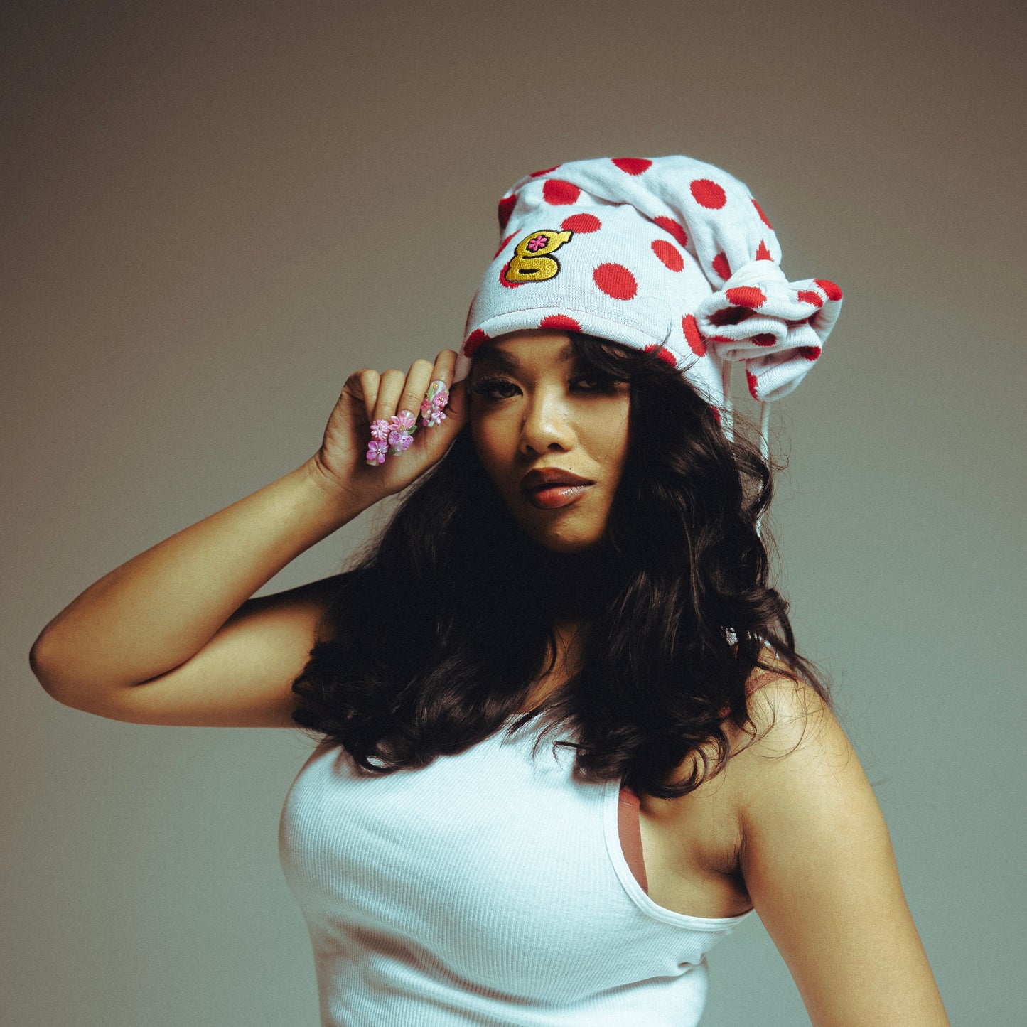 polka dot tied top beanie