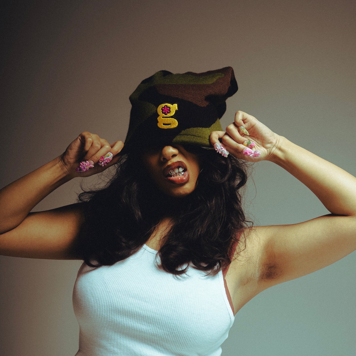 camo tied top beanie